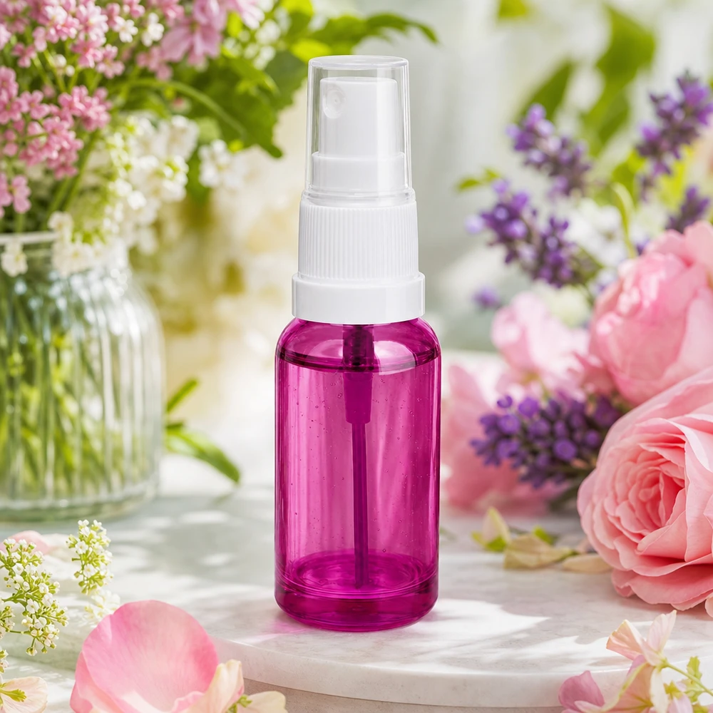 20ml Sprayflasche weiss/transparent Standard PurpleLine UT18/20 Handliche 20ml Sprayflasche mit Standardgewinde UT18/20 und transparentem lila Flaschenkörper