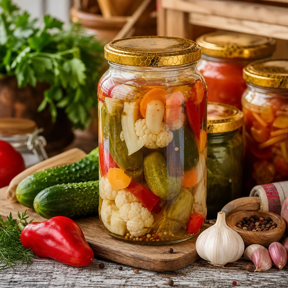 1062ml Rundglas + BasicSeal Deckel Bienenwabe UNiTWIST 1062ml Rundglas mit goldenem Bienenwabe-Deckel für Eingemachtes Mixed Pickles Gemüse-Konservierung Vorratsglas