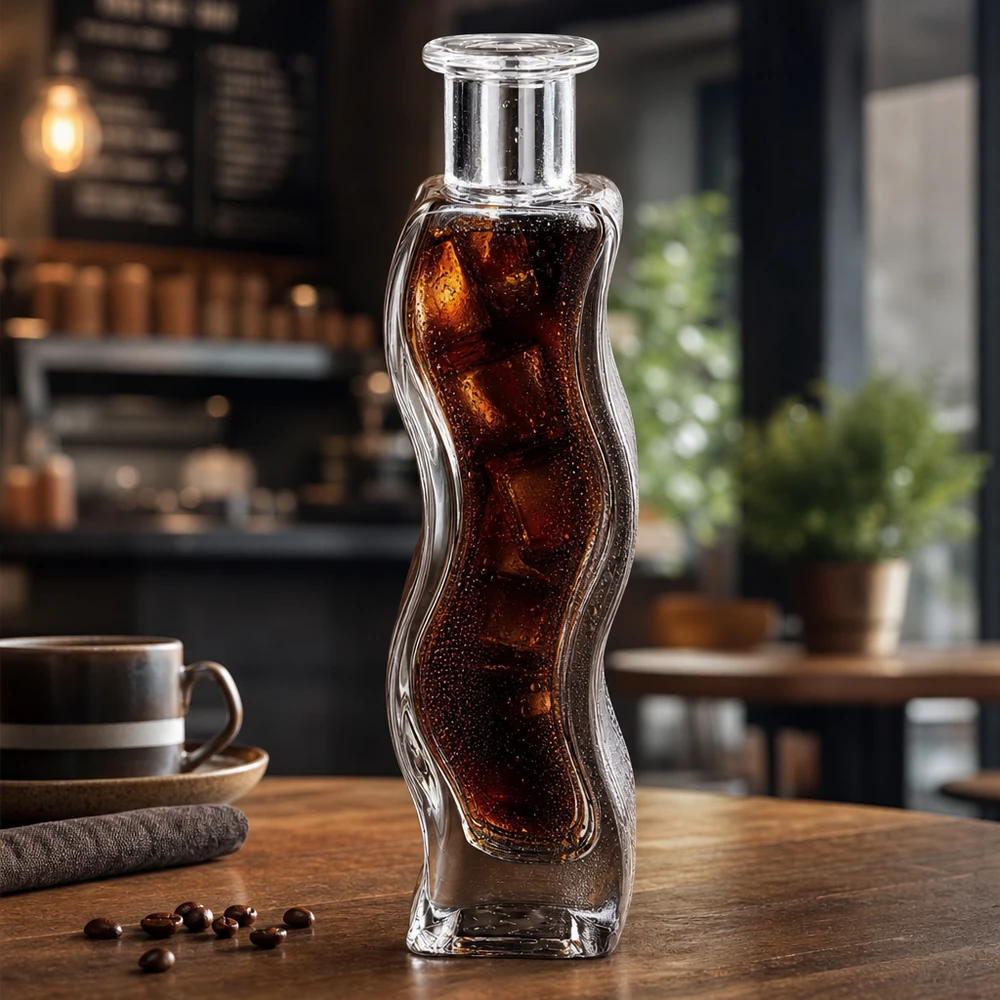 Glasflasche Melissa 100ml mit Cola-Getränk und Eiswürfeln gefüllt in modernem Café-Ambiente auf Holztisch