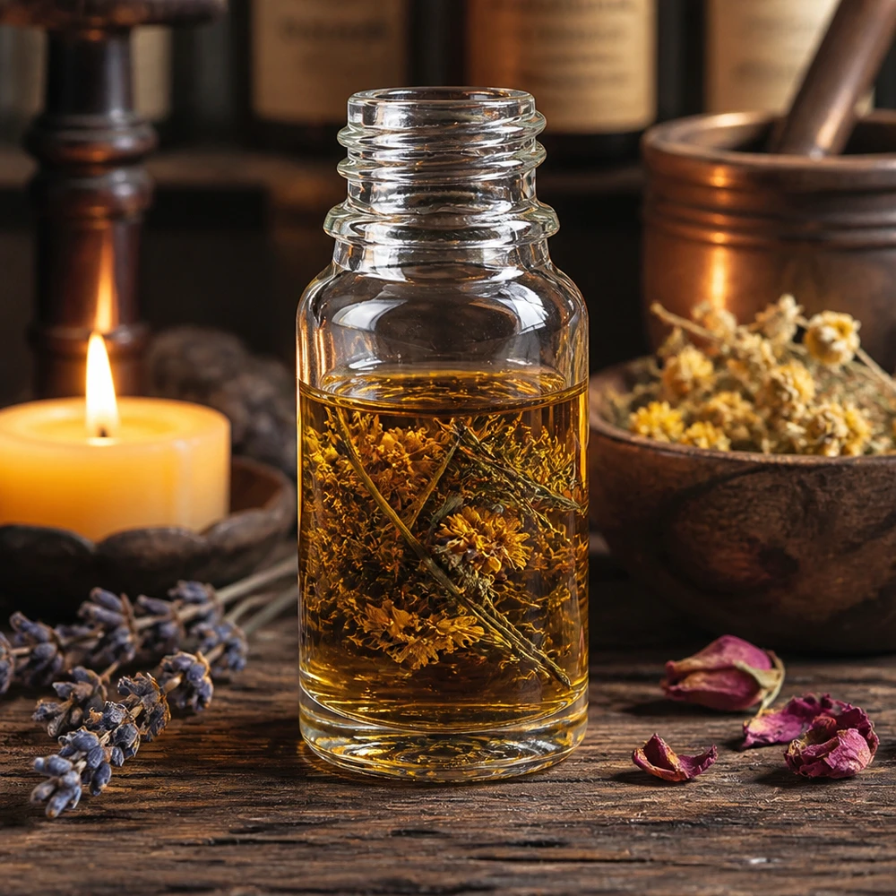10ml UNiTWIST Flasche mit Kräuteröl neben Mörser Kerze und getrockneten Heilpflanzen