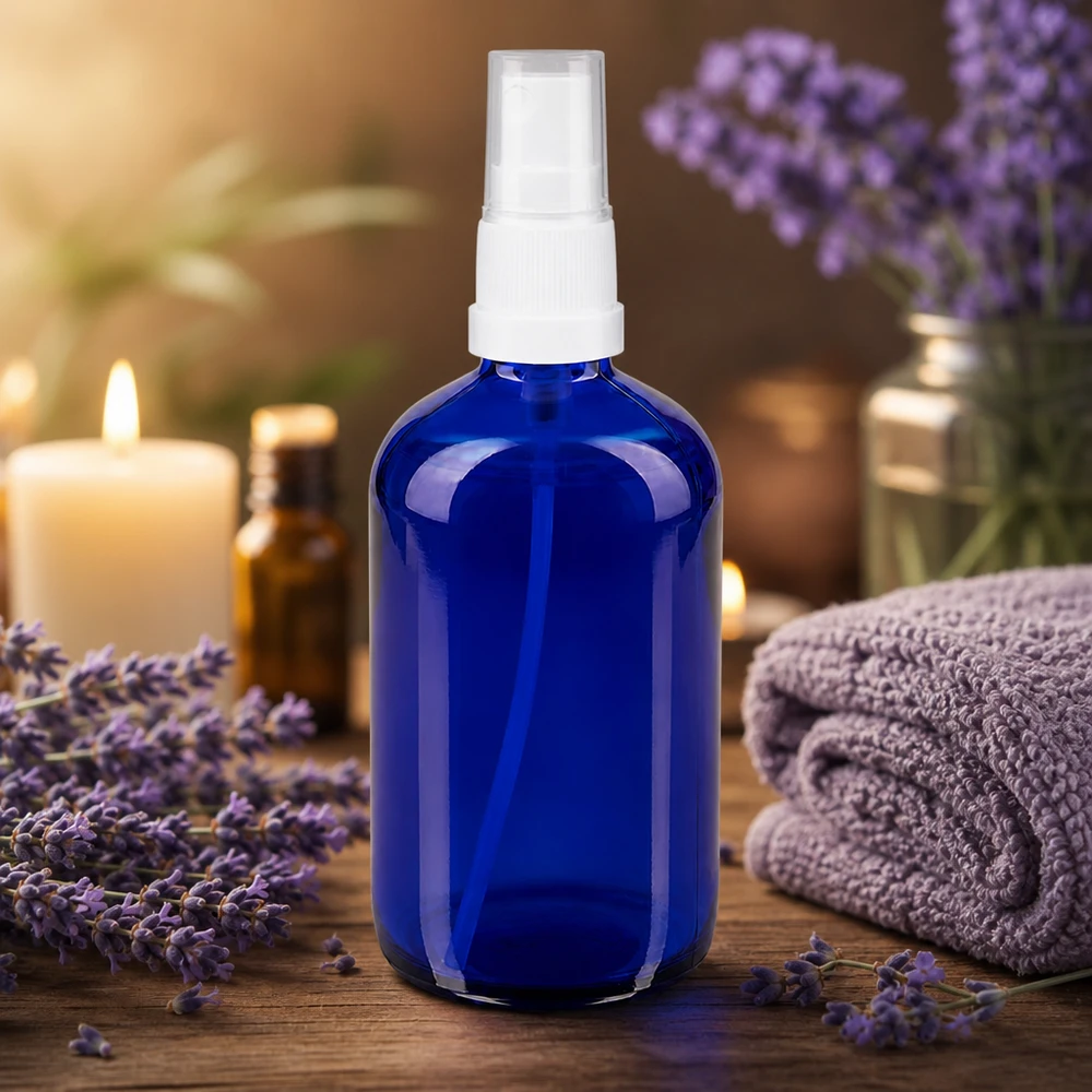 Schlanke kobaltblaue 100ml Glassprayflasche mit Feinnebel Zerstäuber für ätherische Öle und Hydrolate