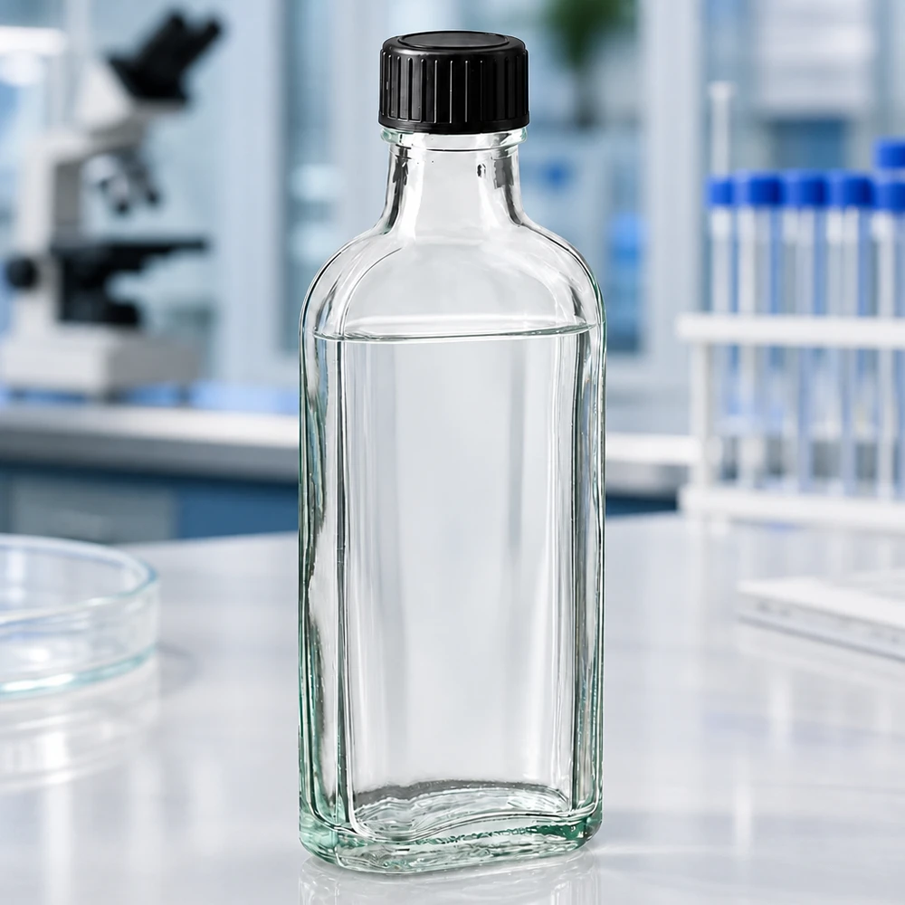 100 ml Meplat klar Schraubverschluss mit EPE-Dichtscheibe Transparente Meplat Flasche 100ml mit EPE-Dichtscheibe neben Petrischalen auf weißem Labortisch