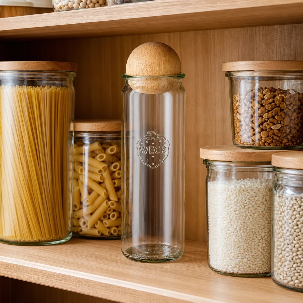 WECK Zylinderglas 600ml RR60 leer mit Bucheholzkugel in Vorratsregal zwischen Pasta Reis und anderen Vorratsgläsern