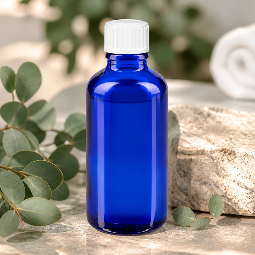 Apothekenflasche blau 50ml Schraubverschluss weiß Standard Blaue Glasflasche 50ml für ätherische Öle mit UV-Schutz und weißem Standardverschluss 11mm