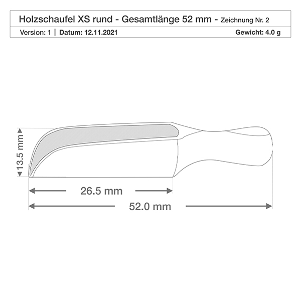 Holzschaufel Grösse XS halbrunde Form - 52mm lang Detaillierte Seitenansicht der handlichen Holzschaufel XS mit ergonomischem Griff und 3,5mm Höhe für präzises Dosieren