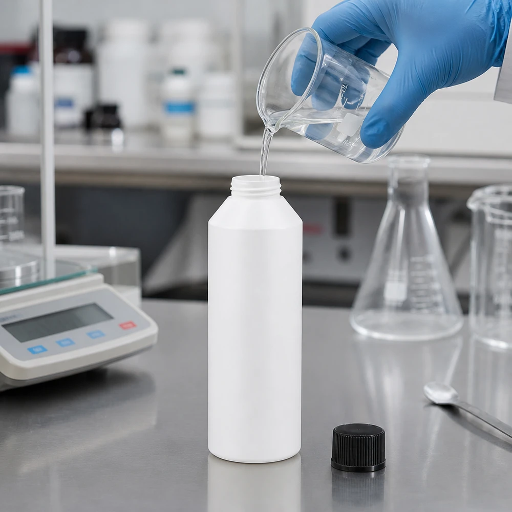 Apothekenflasche HDPE 250ml weiß, mit schwarz Schraubverschluss Apothekenflasche HDPE 250ml weiß mit schwarzem SV beim professionellen Abfüllvorgang im Labor