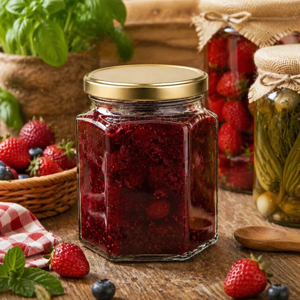 288ml Hexaglas BasicSeal gold gefüllt mit Erdbeermarmelade in rustikaler Küche mit frischen Beeren