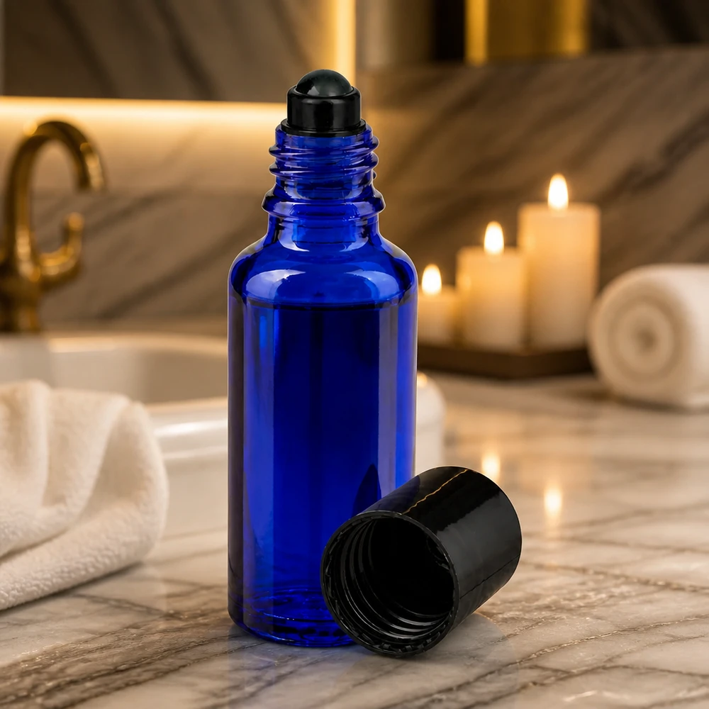 Blaue Glasflasche 30ml mit schwarzem Schraubdeckel und Rollapplikator auf Marmoruntergrund