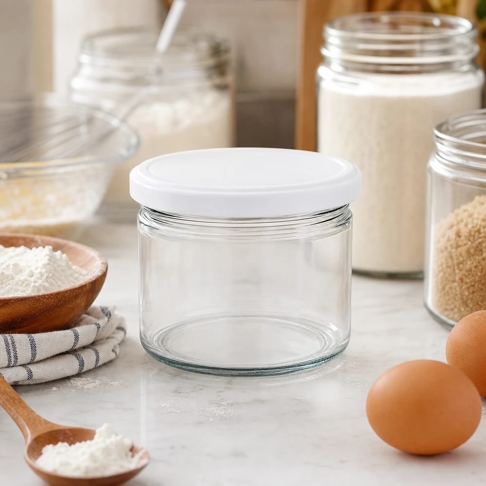 540ml Rundglas mit BasicSeal Deckel weiß UNiTWIST 540ml Rundglas BasicSeal weiß in stylischer Küche mit Backzutaten - ästhetisches Vorratsglas für Mehl und Backen