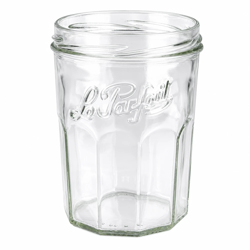 Le Parfait Einmachglas 385ml ohne Deckel zeigt elegante Rillenstruktur und Markenprägung für Konfitüre