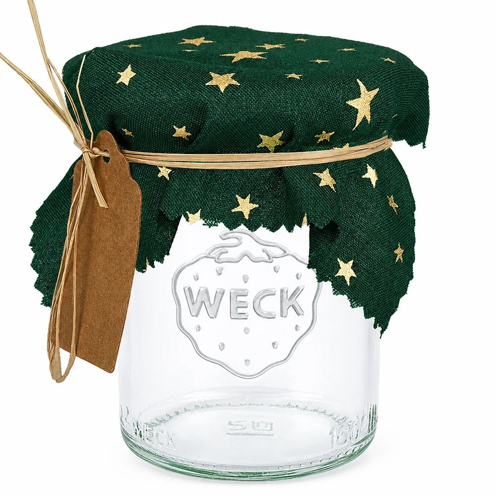 Grünes Stoffdeckchen mit goldenen Sternen auf Weck-Glas, quadratisch 12cm, Schmuckdeckchen für Einmachgläser
