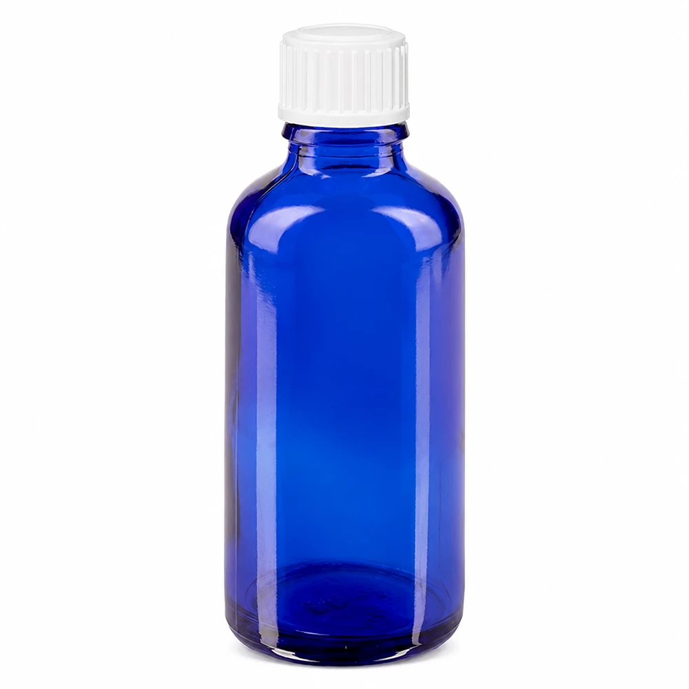 Kobaltblaue 50ml Tropfflasche STD mit 0,9mm Tropfer und kindersicherem weißen Schraubverschluss