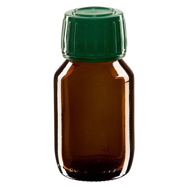 50ml Medizinflasche braun, Verschluss grün mit Originalitätsring ApoGlas 50ml Medizinflasche braun, Verschluss grün mit Originalitätsring ApoGlas