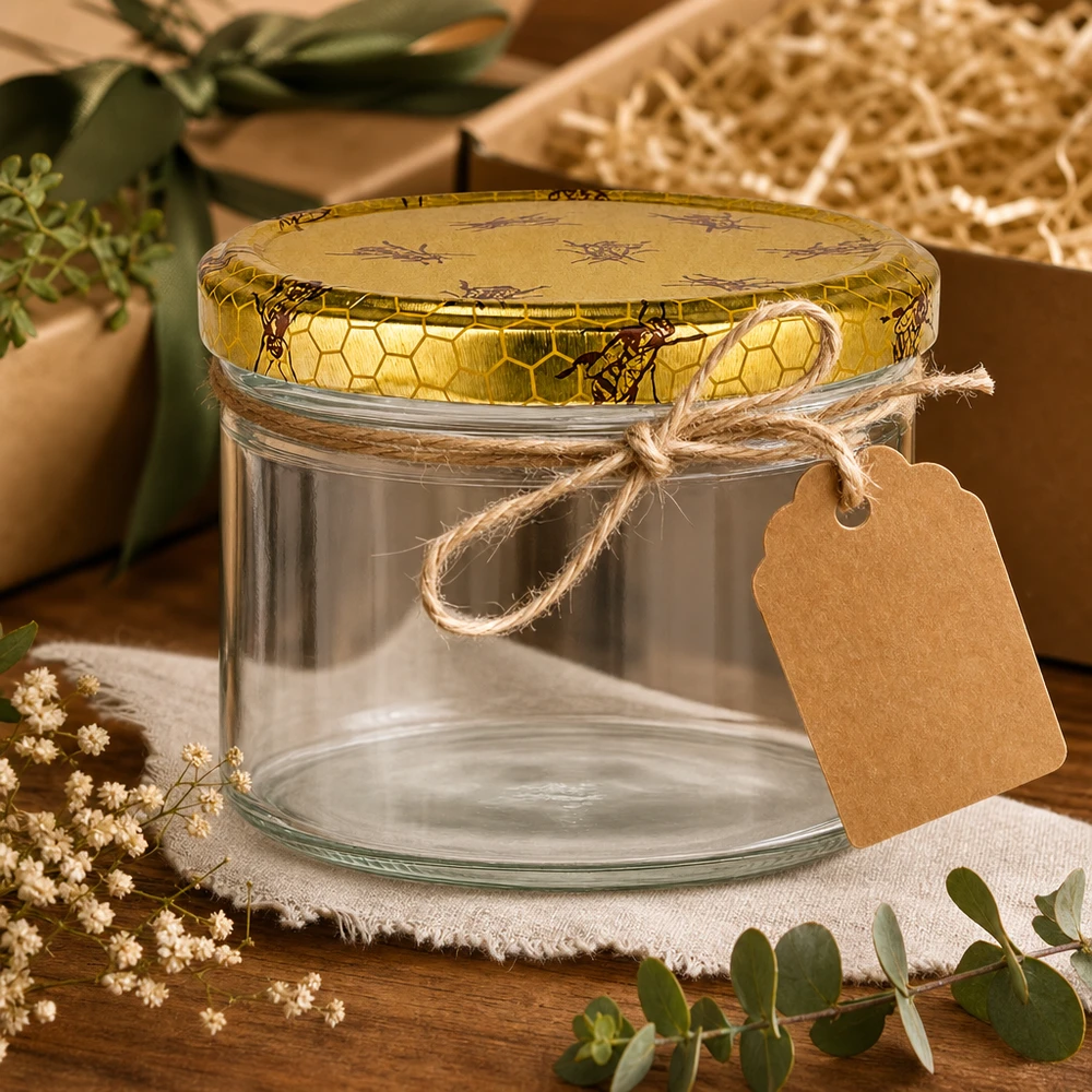 225ml Sturzglas + BasicSeal Deckel Bienenwabe UNiTWIST 225ml Sturzglas leer BasicSeal Bienenwaben-Deckel Geschenkverpackung Bastband Kraftpapier-Anhänger Dekoration