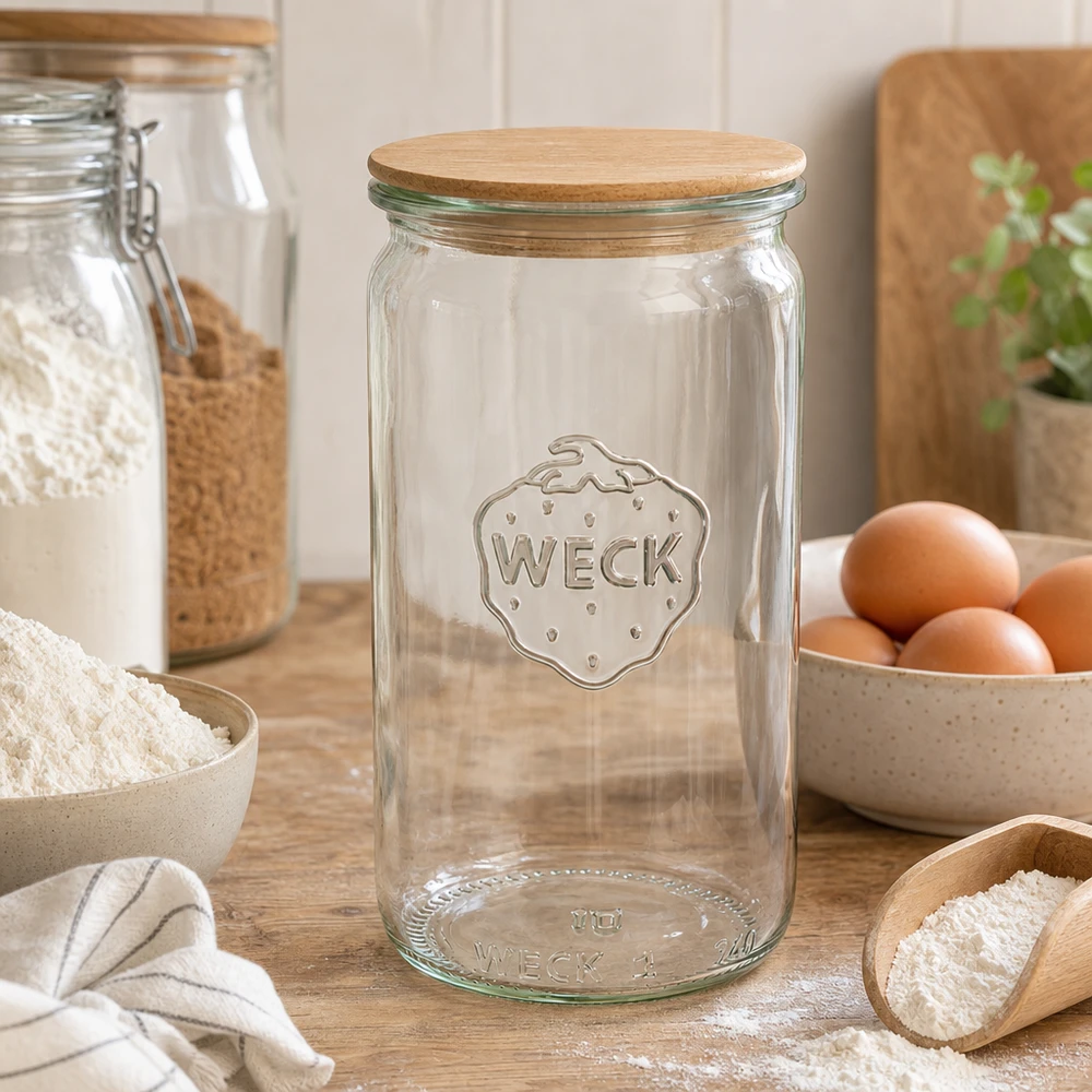 WECK Zylinderglas 340ml RR60 Holzdeckel in Küche mit Mehl Eiern und Vorratsgläsern als Backzubehör Aufbewahrung