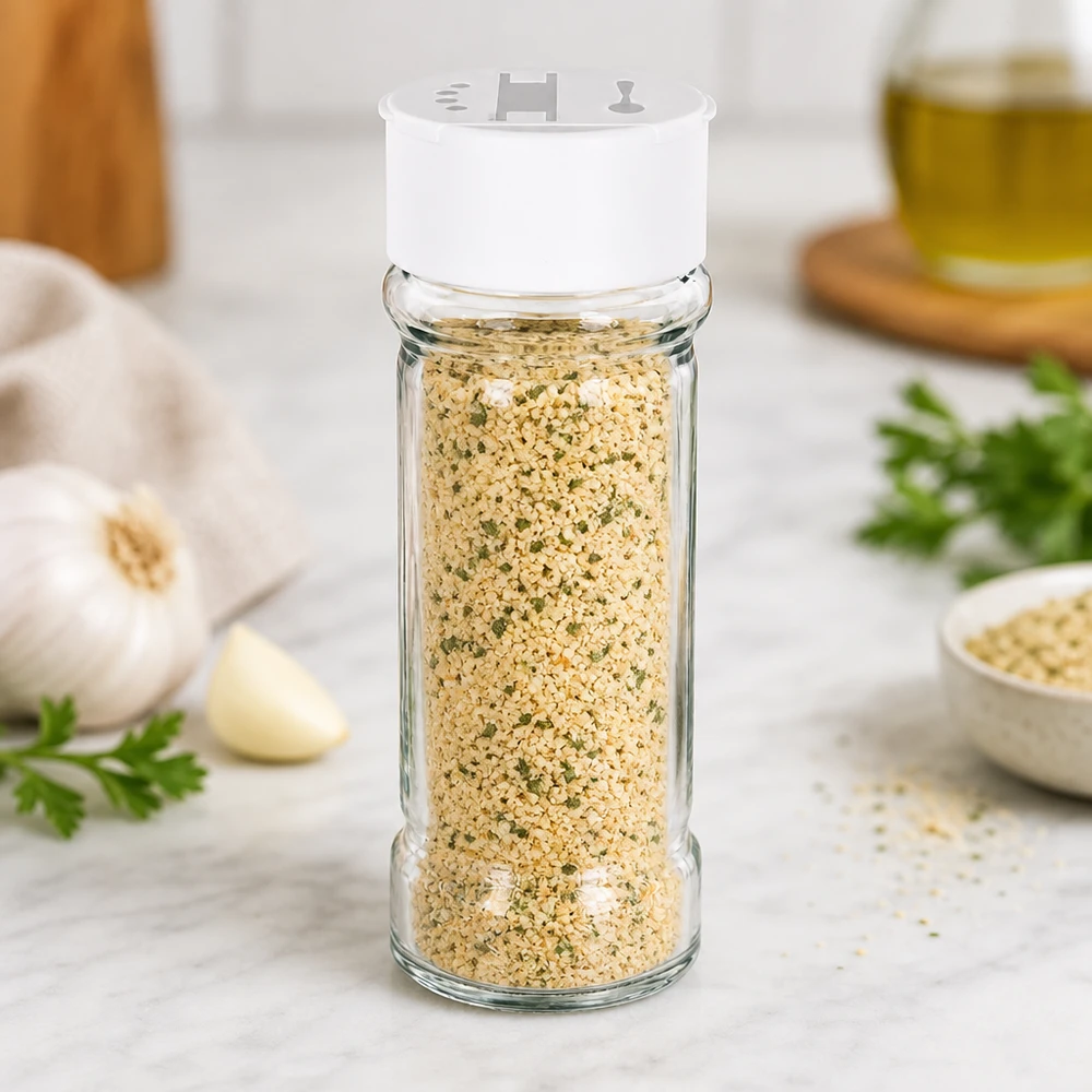 Kleines Gewürzglas 100ml aus Glas mit weißem Doppelstreuer neben Knoblauch und Olivenöl