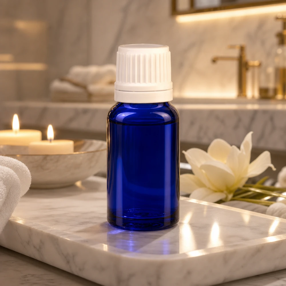 Apothekenflasche blau 10ml Tropfverschluss 1.2mm weiß Originalitätsverschluss Blaue 10ml Dropper-Flasche aus UV-Schutzglas neben weißer Blüte im Spa-Ambiente