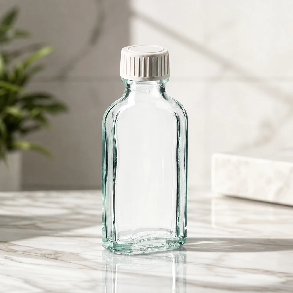 Flache Meplat Glasflasche 50ml klar mit kindersicherem weißem Schraubverschluss