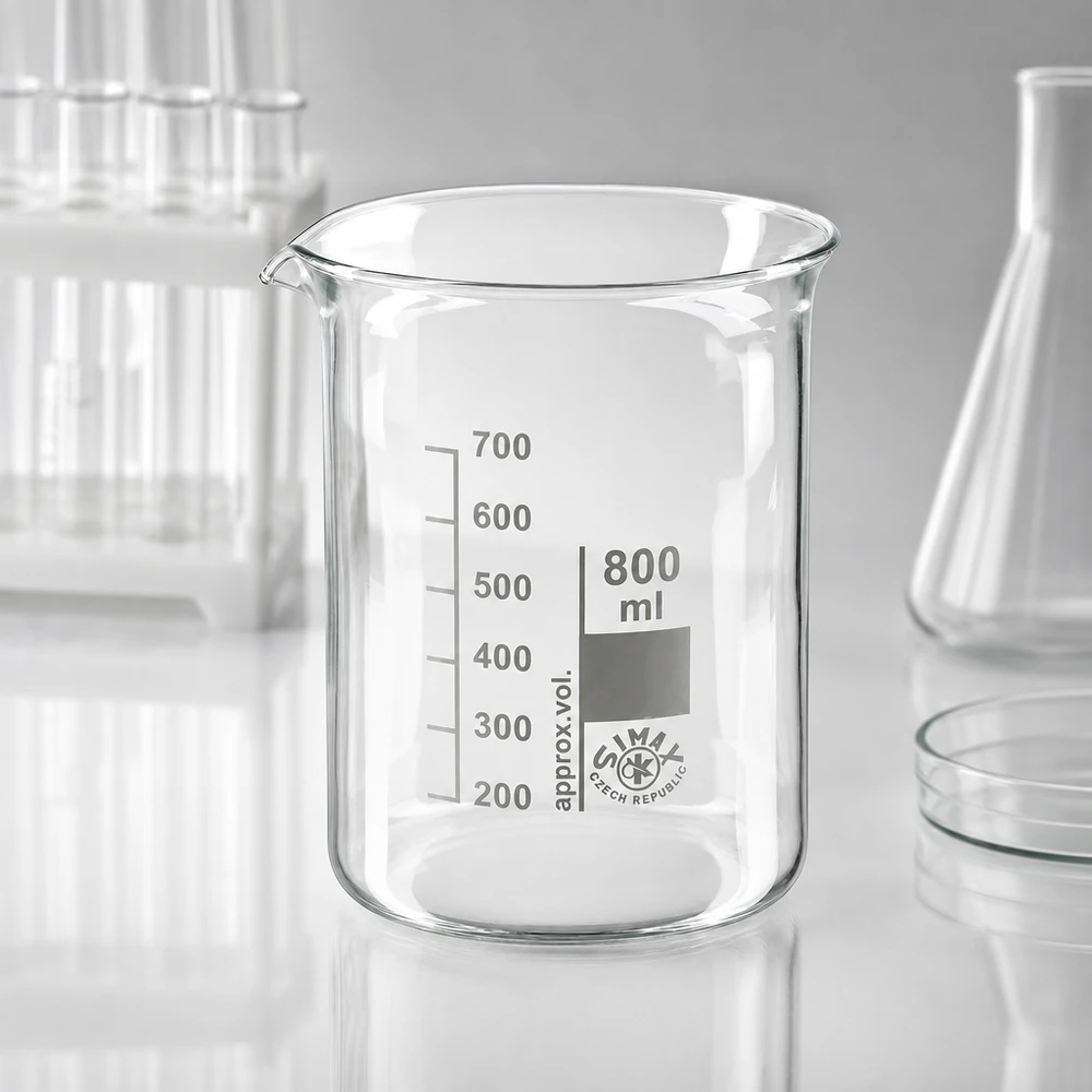 Becherglas 800ml Borosilikatglas, niedrige Form Graduiertes Becherglas 800ml mit praktischem Ausguss aus temperaturbeständigem Borosilikatglas
