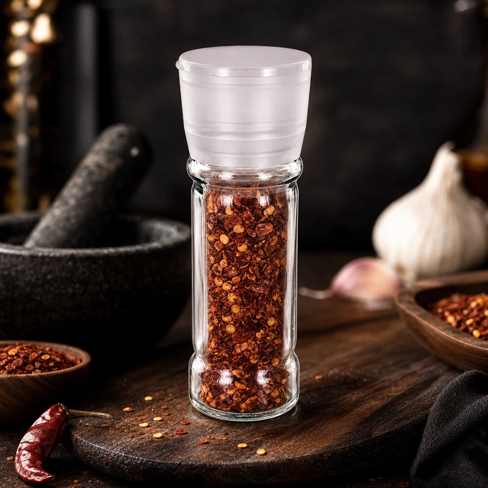 Kompaktes Salz- und Gewürzglas 100ml mit drehbarer weißer Kunststoffmühle für frisch gemahlene Chilis
