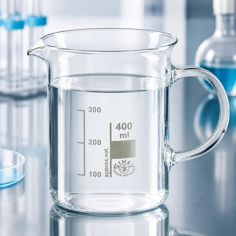 Becherglas 400ml Borosilikatglas, mit Henkel Becherglas 400ml mit Henkel aus chemikalienbeständigem Borosilikatglas für präzise Messungen