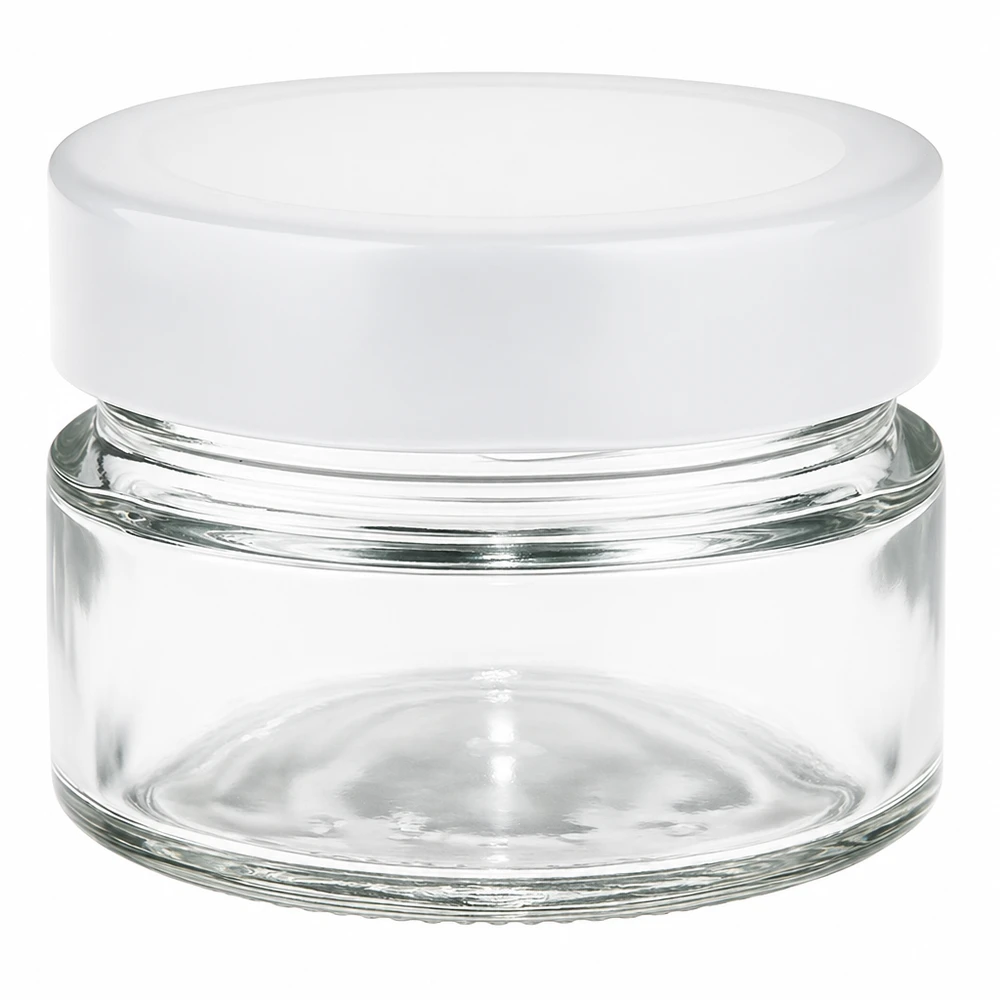 80ml Rundglas mit weißem BasicSeal Deckel - transparenter Glasbehälter für Kosmetik und Aufbewahrung