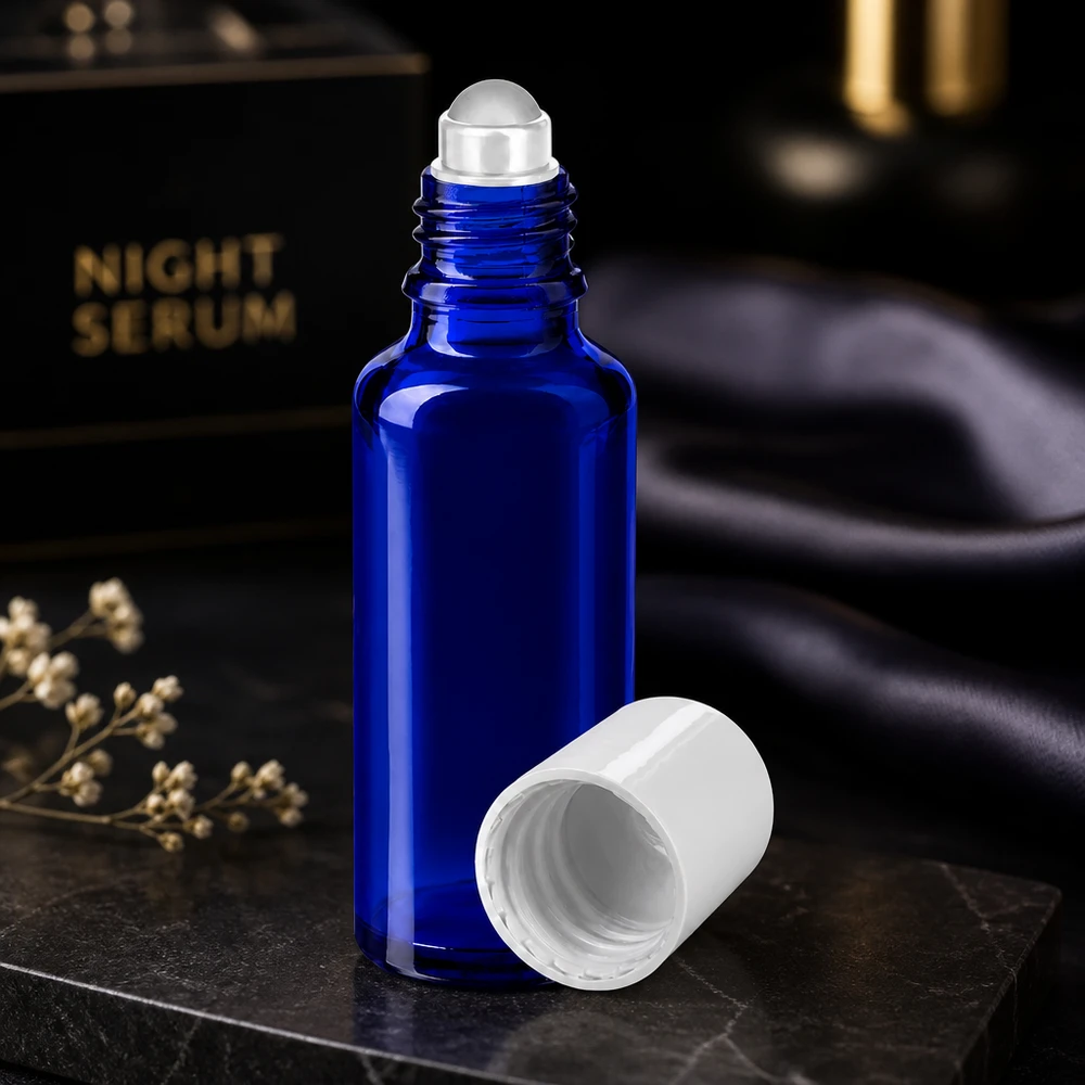 30ml Rollerflasche aus UV-Schutzglas in Blau mit weißer Kappe für ätherische Öle