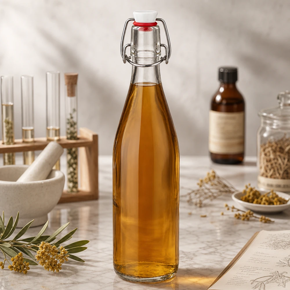 500ml Glasflasche Bügelverschluss mit goldener Flüssigkeit in Naturkosmetik-Labor neben Kräutern und Ölen