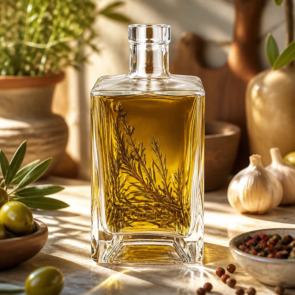 Glasflasche Ben 700ml befüllt mit Olivenöl und Kräutern in mediterraner Küche als Anwendungsbeispiel