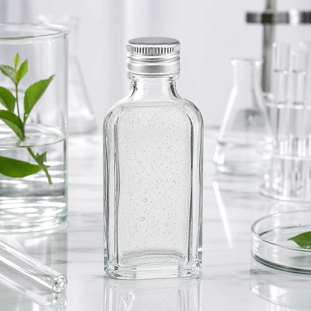 Kleine rechteckige 50ml Klarglasflasche Meplat mit Alu Schraubdeckel PP22 für Kosmetik