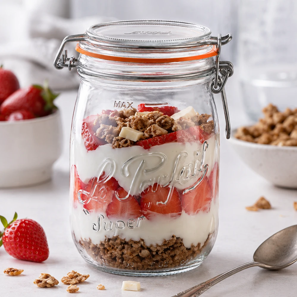 1000ml Le Parfait Super Vorratsglas mit Bügelverschluss gefüllt mit Joghurt Erdbeeren und Müsli als Dessert
