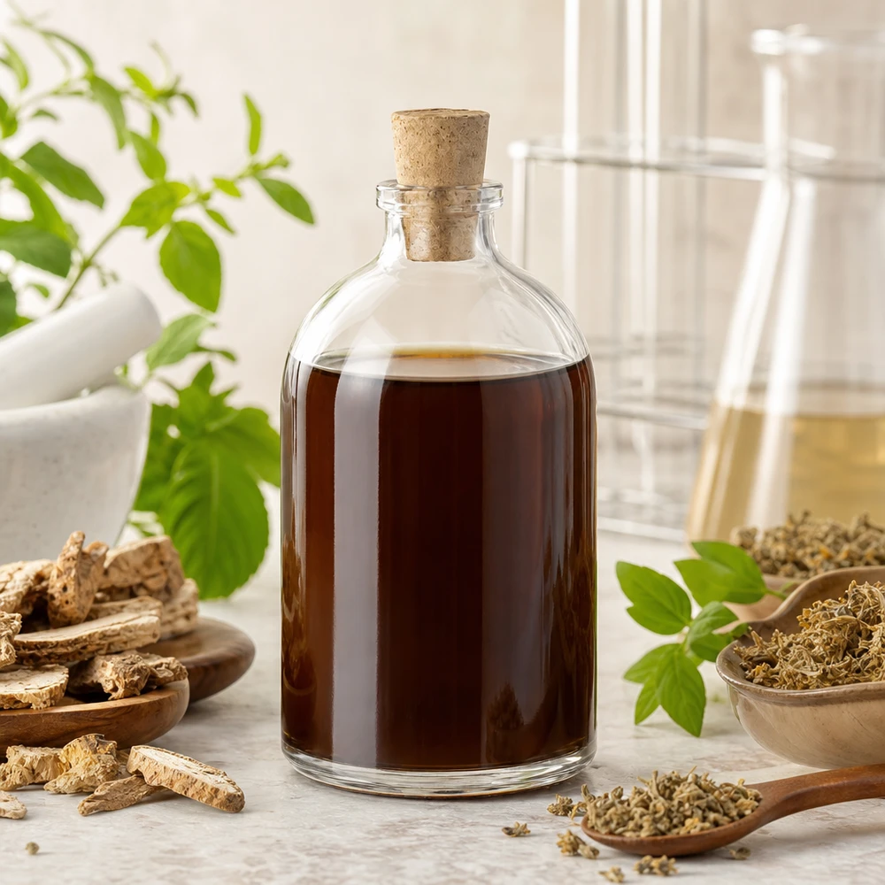Zylindrische Korkflasche 100ml Klarglas neben Mörser getrockneten Kräutern und Wurzeln