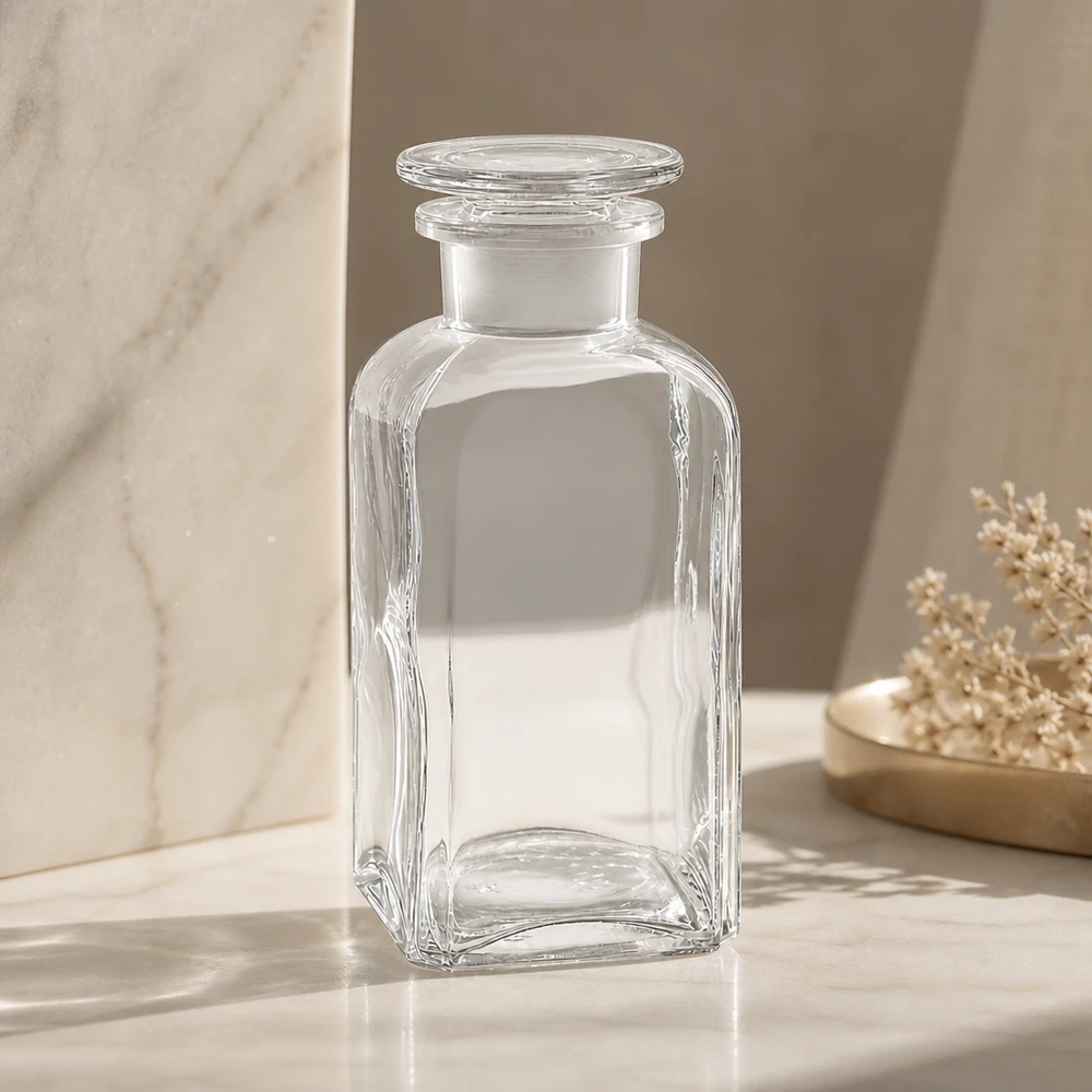 Weithalsflasche 350ml viereckig aus Klarglas mit Glasdeckel für Badezimmer und Küche