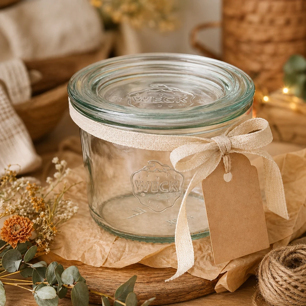 80ml Sturzglas mit Glasdeckel WECK RR60 WECK Sturzglas 80ml RR60 dekorativ inszeniert mit Geschenkband Anhänger und Herbstdeko auf Holztisch