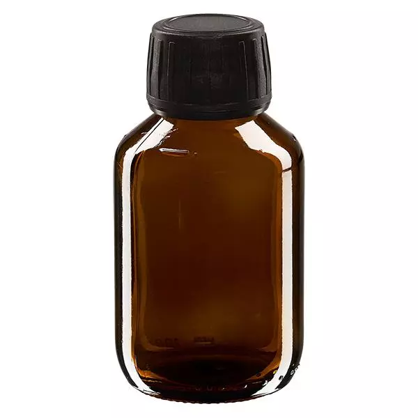 100ml Medizinflasche braun, Verschluss schwarz mit Originalitätsring ApoGlas 100ml Medizinflasche braun, Verschluss schwarz mit Originalitätsring ApoGlas