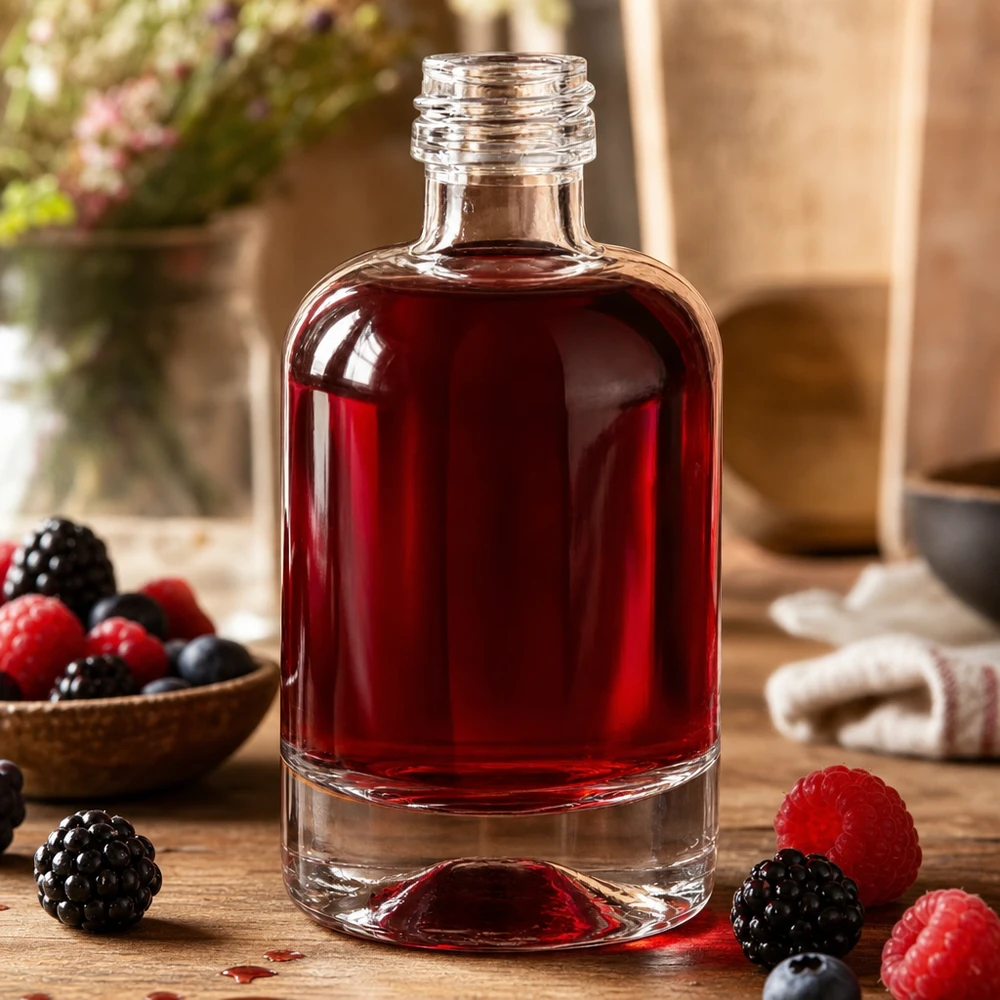 40ml Glasflasche Sara mit rotem Beerenlikör gefüllt umgeben von frischen Beeren als Dekoration ohne Verschluss