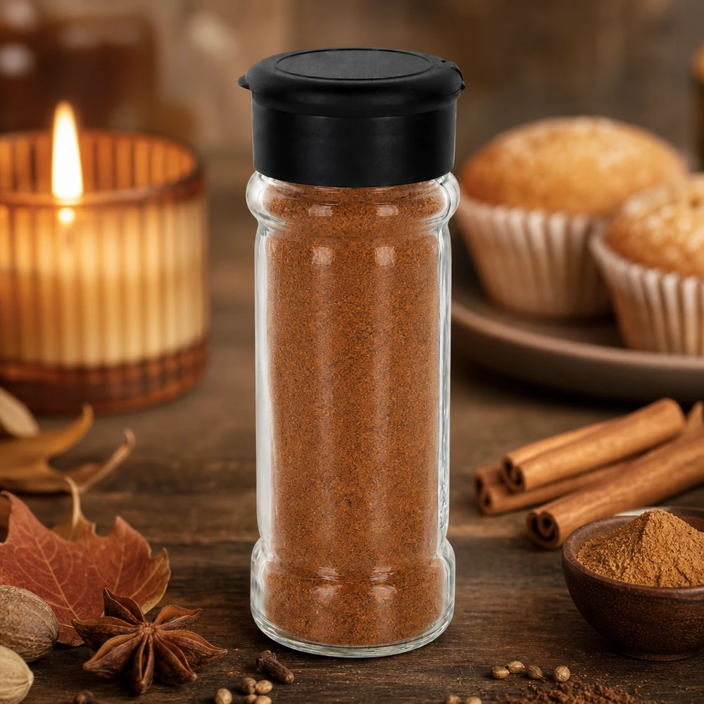 Salz-/Gewürzglas 100ml mit Streuer schwarz Rundes Klarglas-Gewürzgläschen 100ml mit schwarzem Kunststoffdeckel in Herbst-Ambiente
