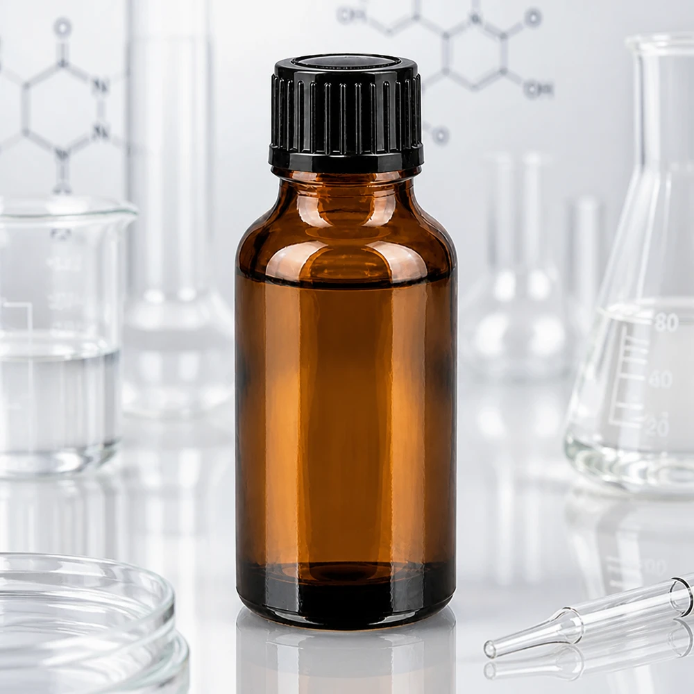 Apothekenflasche braun 20ml Tropfverschluss 1mm schwarz Standard Kleine Apothekerflasche 20ml aus braunem Glas mit 1mm Tropföffnung im Labor-Setting