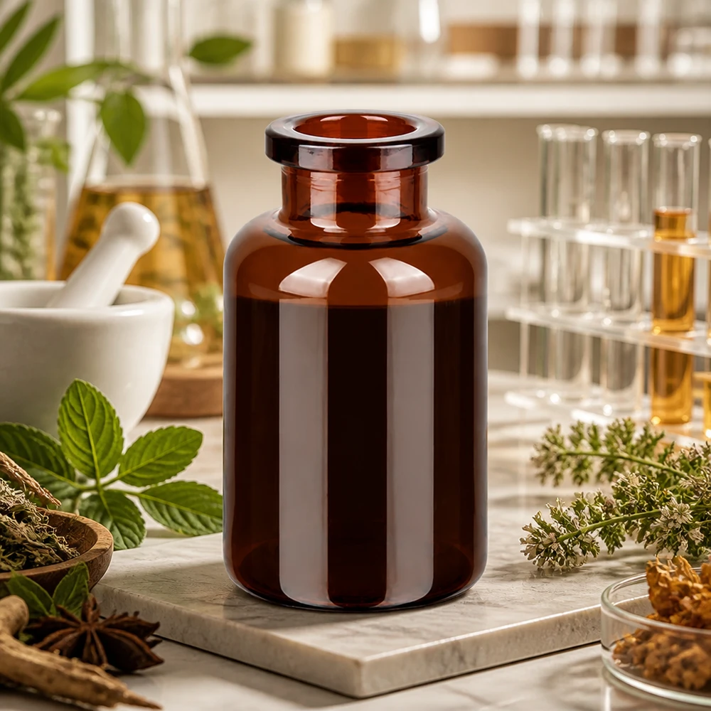 Zylindrische Braunglas Injektionsflasche 20ml neben Mörser Pistill und botanischen Zutaten
