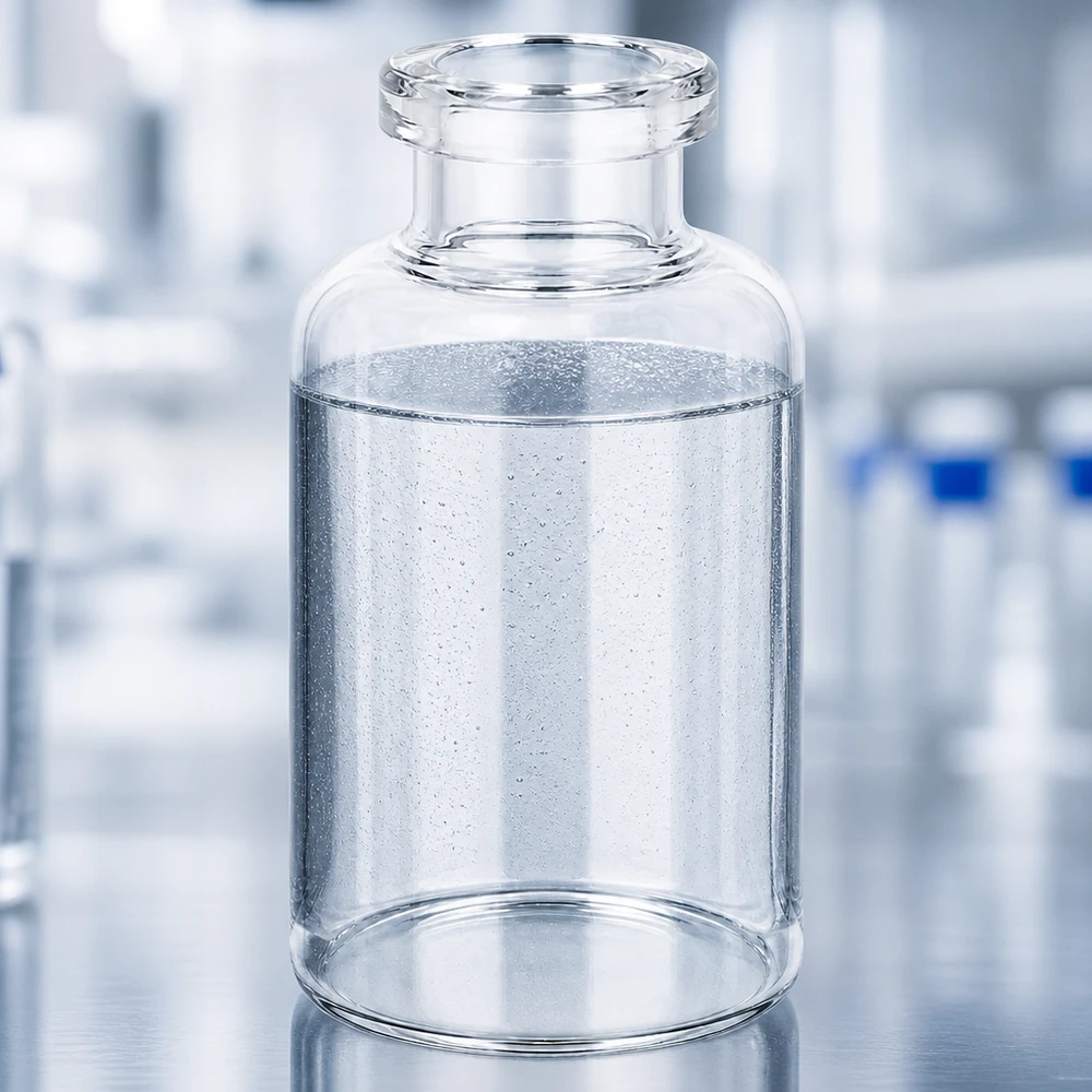 Injektionsflasche Klarglas 30ml Medizinische Klarglasflasche 30ml zylindrische Form befüllt mit wässriger Lösung Labor Nahaufnahme