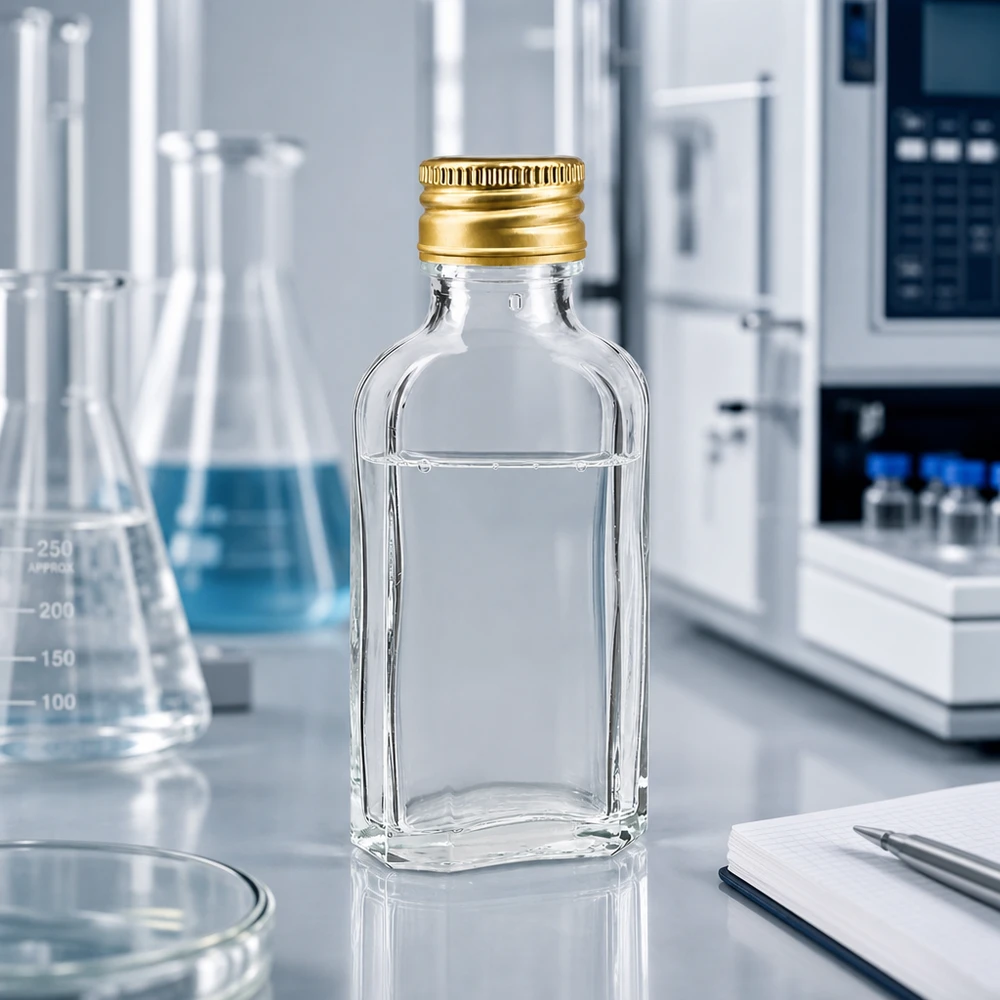 50 ml Meplat klar mit Alu Verschluss gold PP22 Klarglas Meplat 50ml mit Golddeckel PP22 neben Erlenmeyerkolben und Laborgeräten