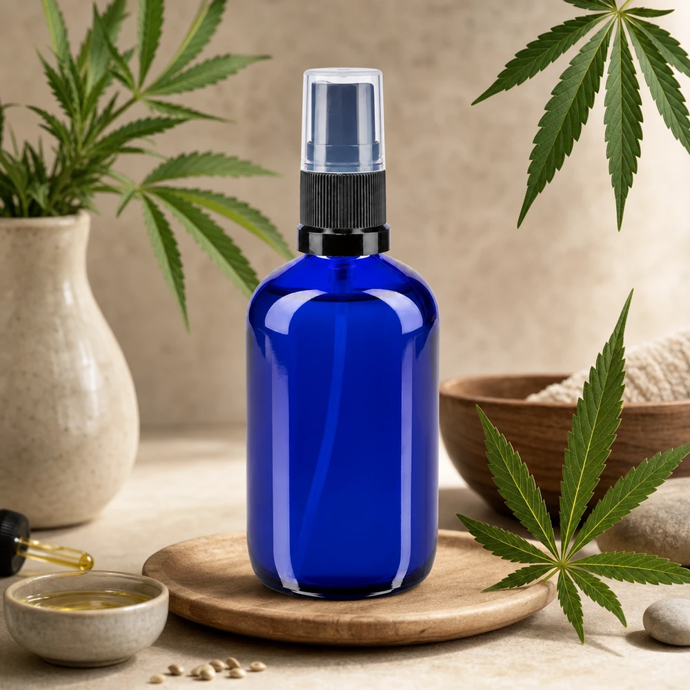 Blaue 100ml Glassprayflasche mit schwarzem Zerstäuber auf Holztablett zwischen Cannabisblättern