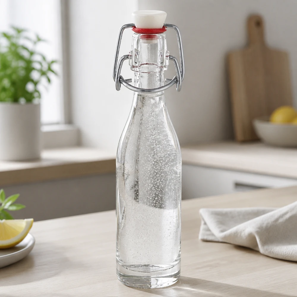 50ml Glasflasche Bügelverschluss in moderner Küche mit Wasser gefüllt - praktische Anwendung im Alltag
