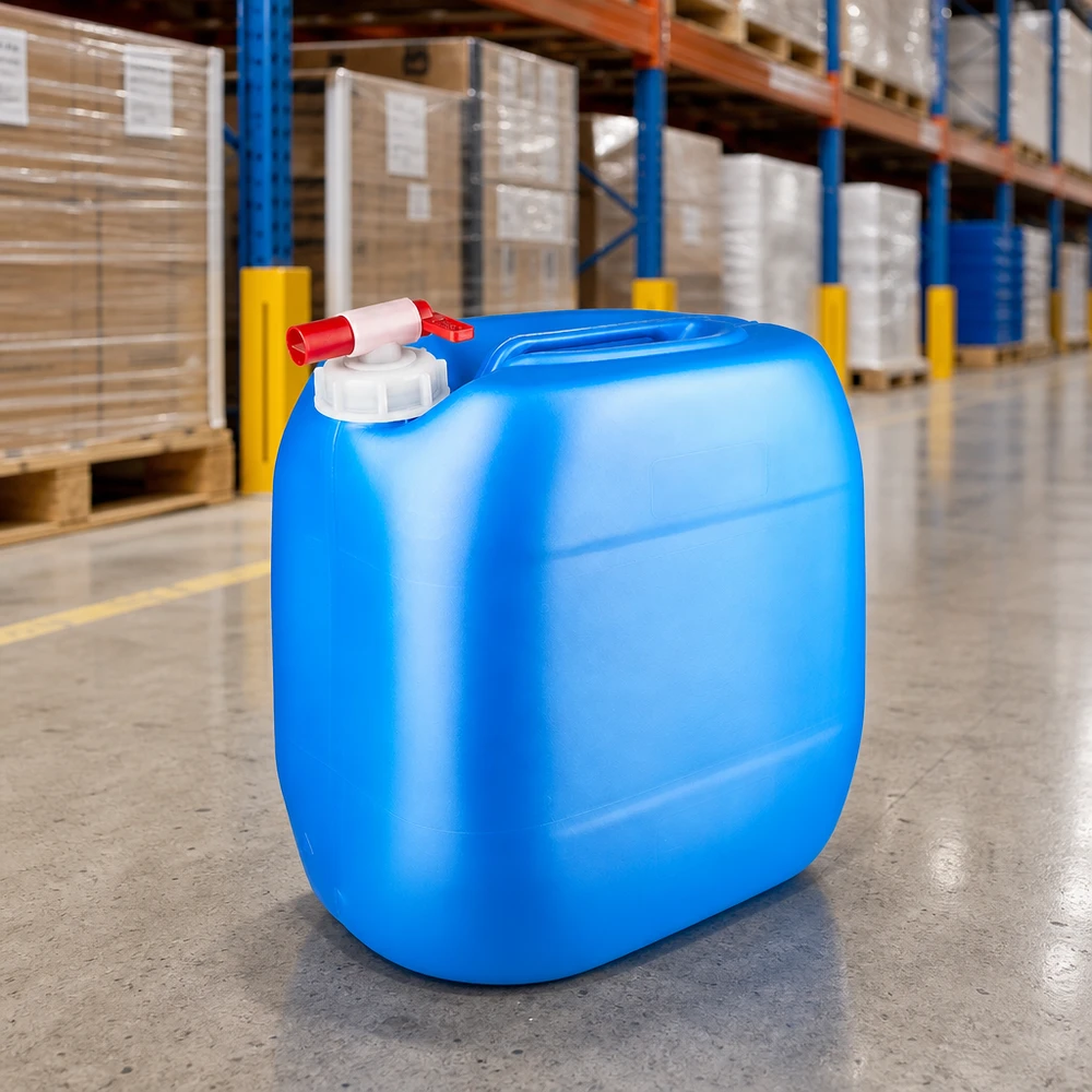 Kanister 30 Liter blau mit Auslaufhahn Großer blauer Kunststoffbehälter 30L mit Zapfhahn im Industrielager mit Palettenregalen