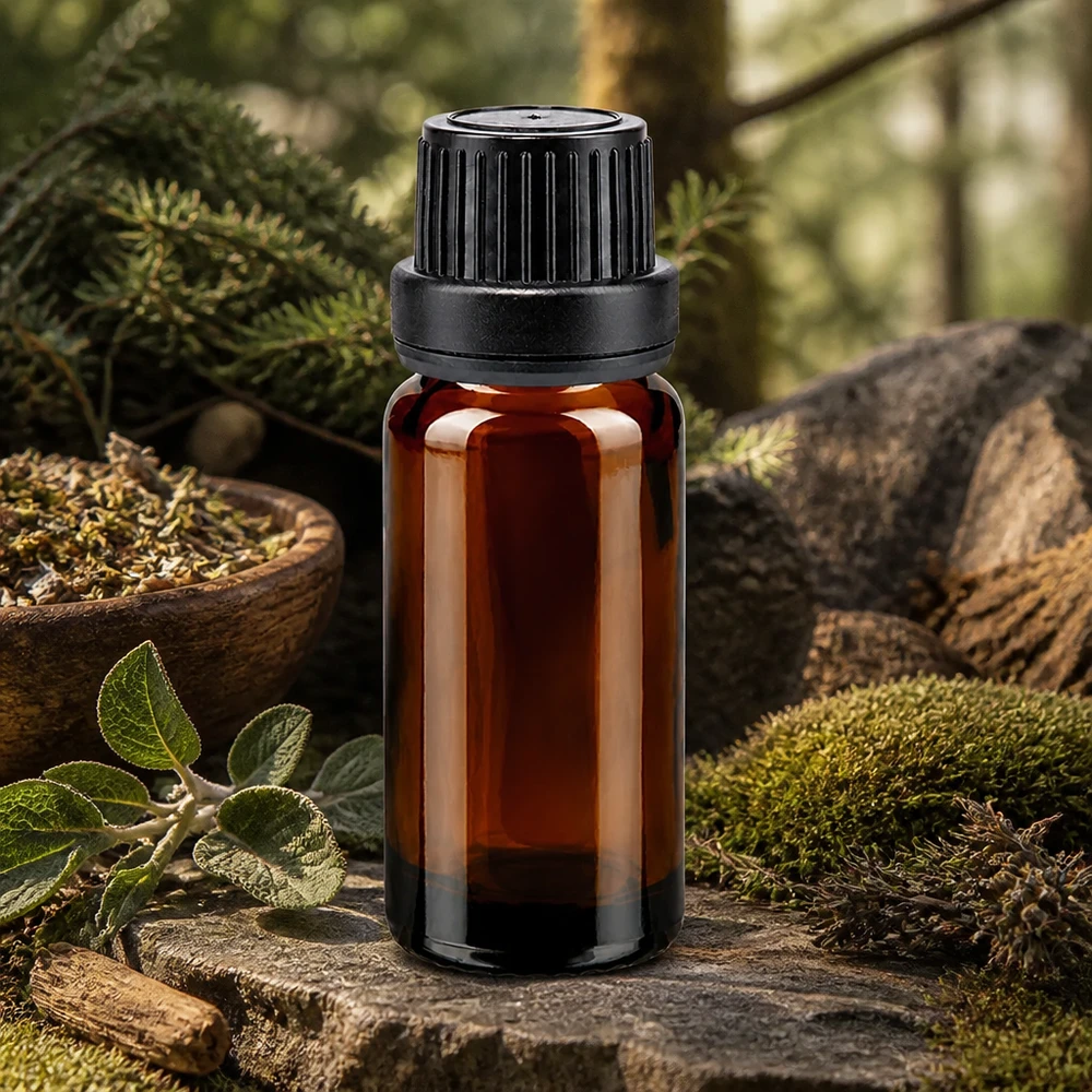 Apothekenflasche braun 10ml Tropfverschluss Giessring 2mm schwarz Originalitätsverschluss 10ml ApoGlas Tropfflasche braun mit Naturkräutern und Moos als Hintergrund