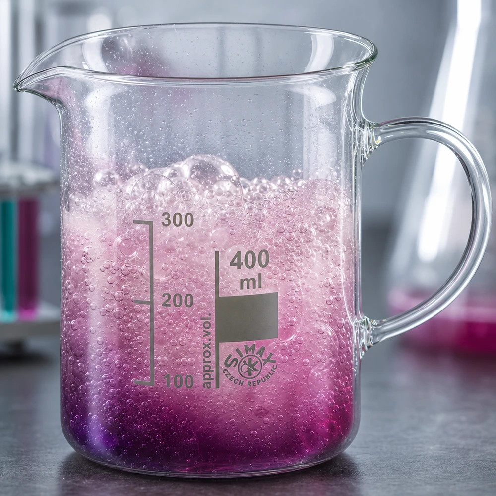 Becherglas 400ml Borosilikatglas, mit Henkel Becherglas 400ml Henkel Borosilikatglas schäumende Flüssigkeit lila pink Laborversuch