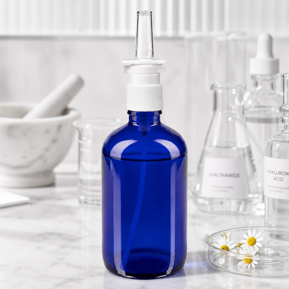Apothekenflasche blau 100ml Nasenzerstäuber weiß Standard 100ml Apothekerglas Nasensprayflasche blau mit weißer Dosierpumpe neben Mörser und Pistill