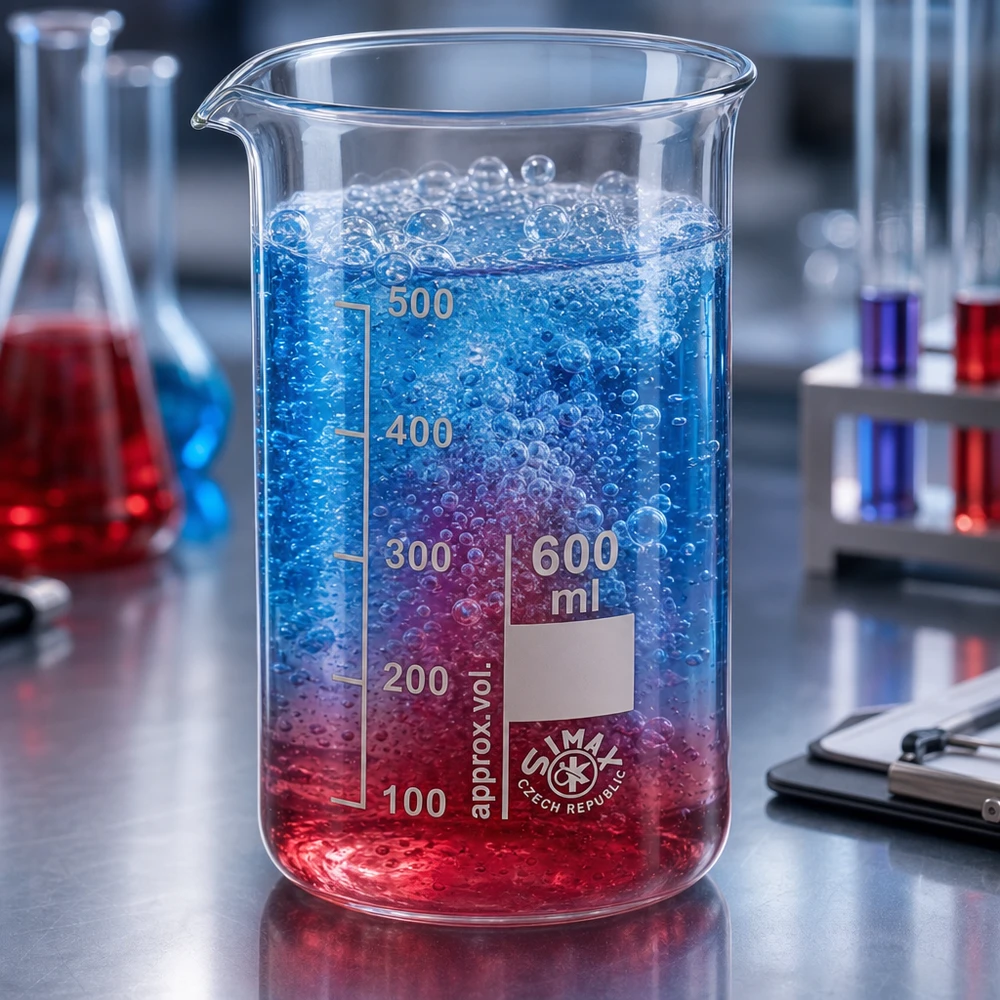 Becherglas 600ml Borosilikatglas, hohe Form Becherglas 600ml Borosilikatglas mit aktiver Gasentwicklung und zweifarbigem Flüssigkeitsgemisch
