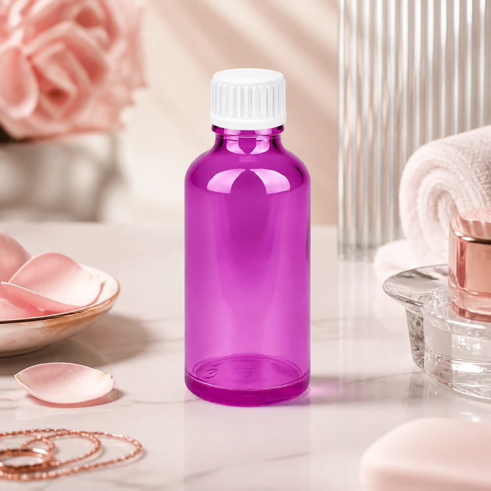 50ml (Globuli)Flasche 3mm Giessring weiß Standard PurpleLine. UT18/50 Stilvolle 50ml Glasflasche in Purple-Design perfekt für Parfüm-Kreationen und Duftmischungen