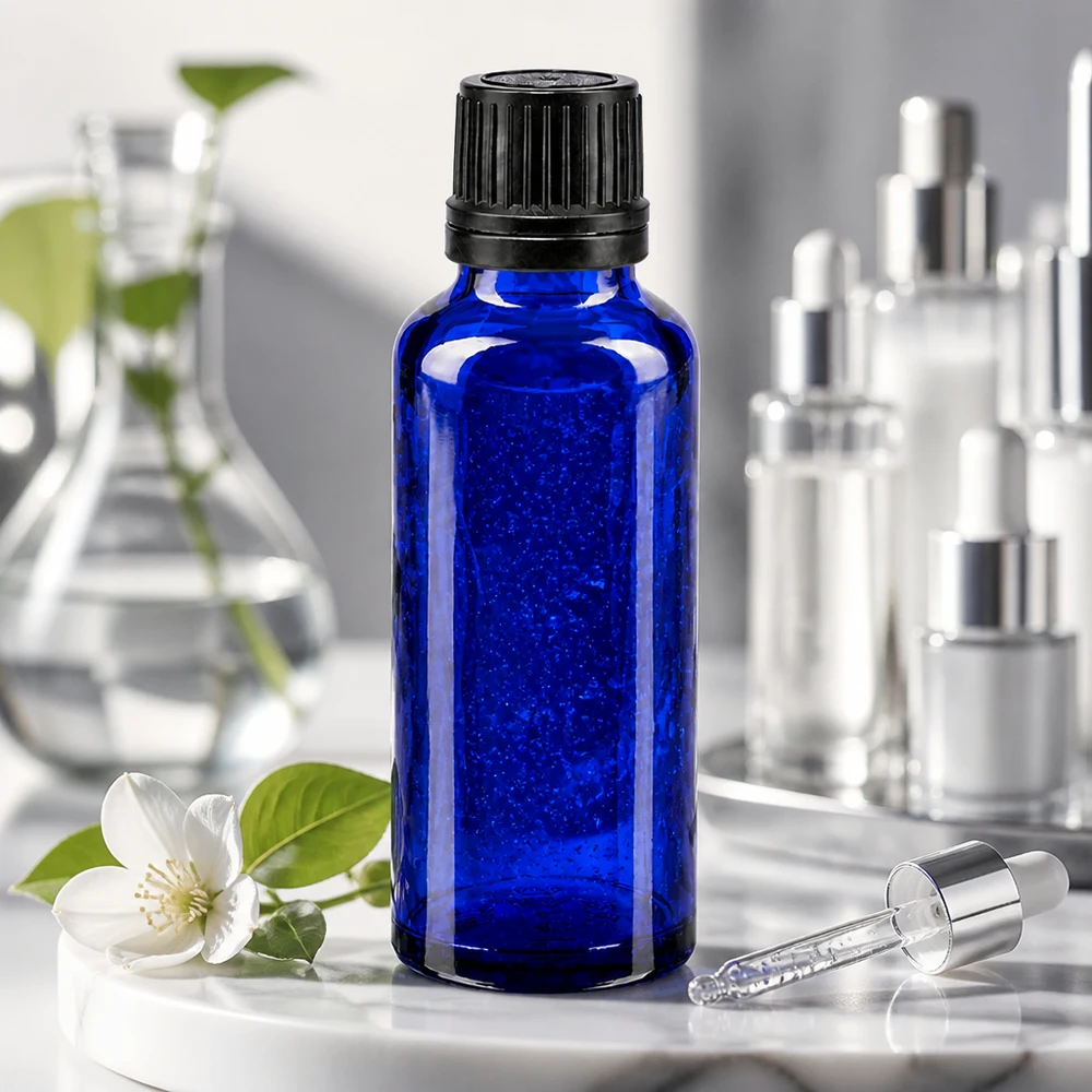 Apothekenflasche blau 30ml Schraubverschluss schwarz Giessring Originalitätsverschluss Glitzernde blaue 30ml Glasflasche mit kindersicherem Schraubverschluss neben weißer Jasminblüte